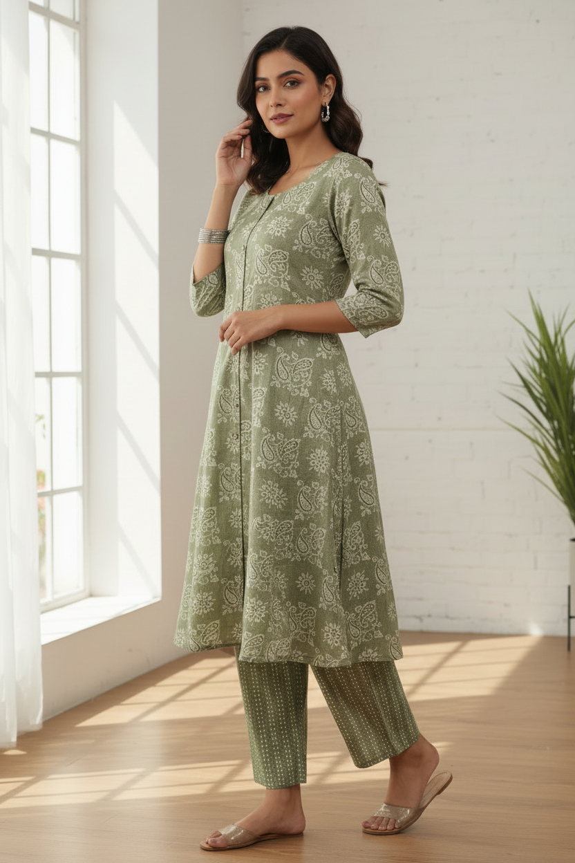 Sage Paisley A-Line Kurta Set – Corrected Side View