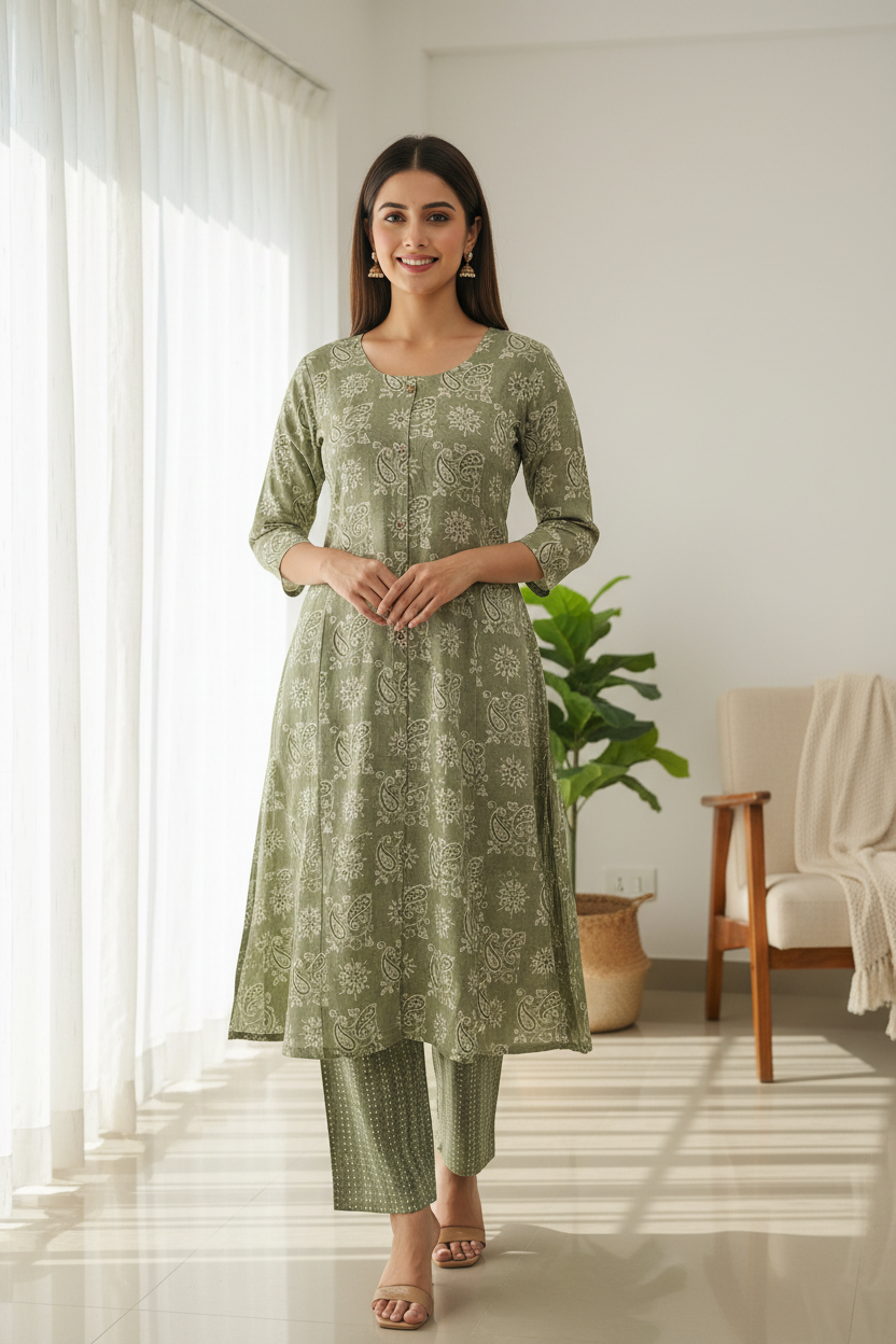 Sage Paisley A-Line Kurta with Trousers – Front View