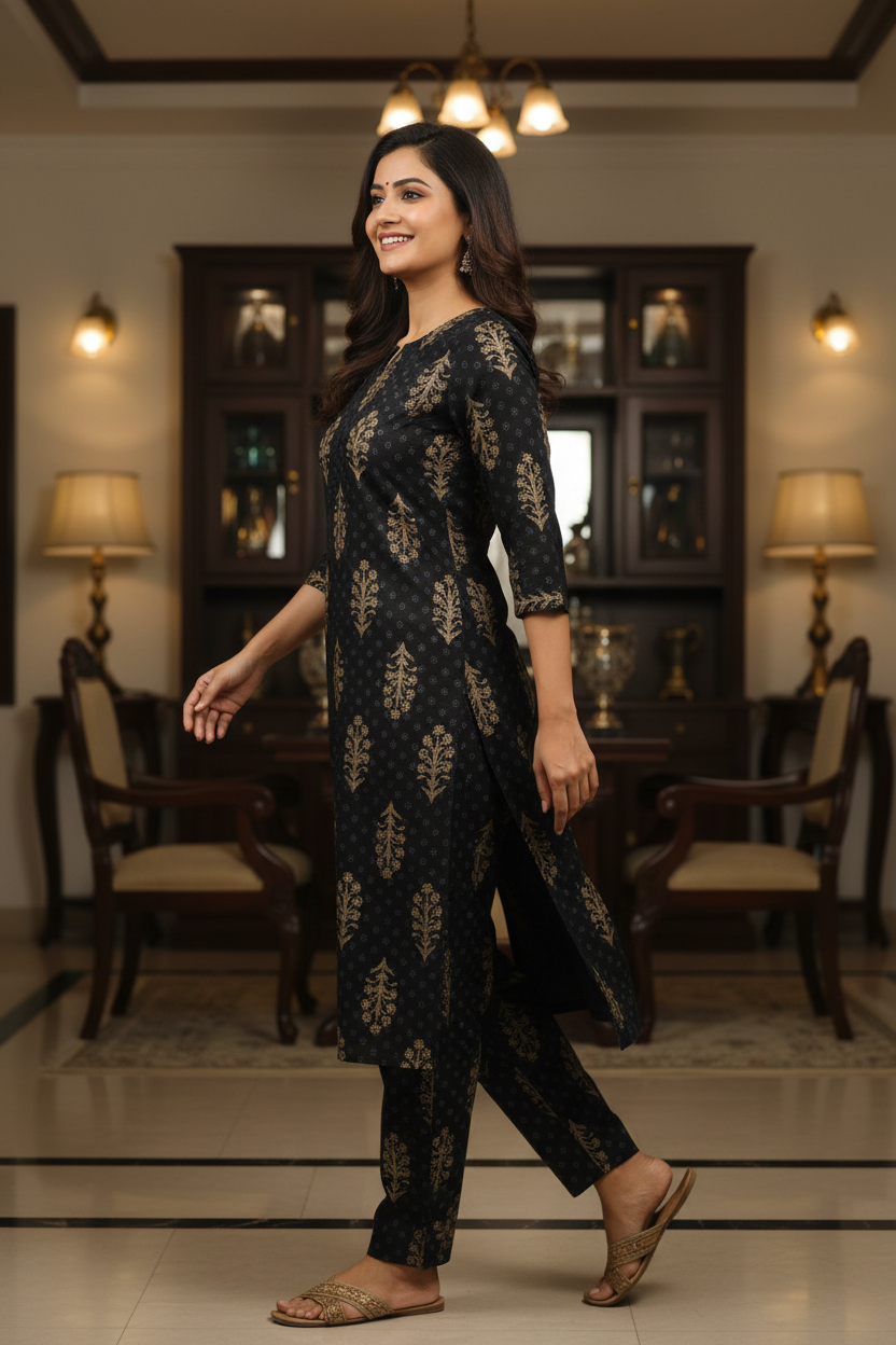 Women Black Gold Print Straight Kurta Set