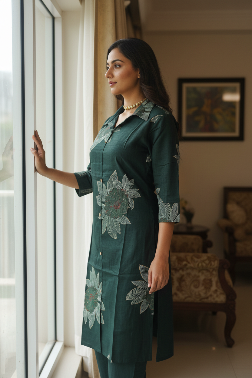 Women Green Lotus Print Straight Kurta Set