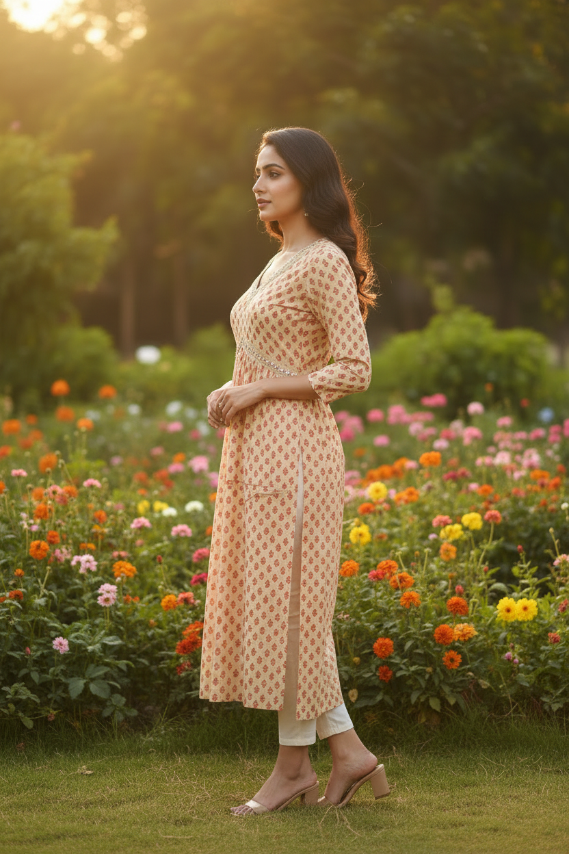 Side View – Below Knee Straight Cut Mango Print Kurta