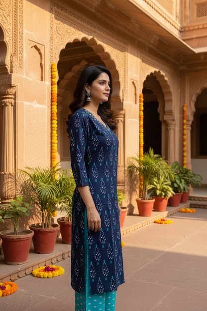 Side View — Navy Ikat Kurta Set