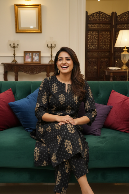 Women Black Gold Print Straight Kurta Set