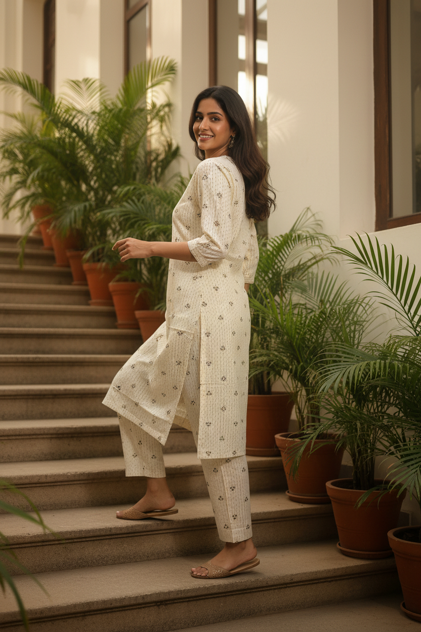Women Ivory Floral Booti Kurta Set