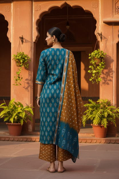 Teal Ikat 3-Piece — Back View with Dupatta