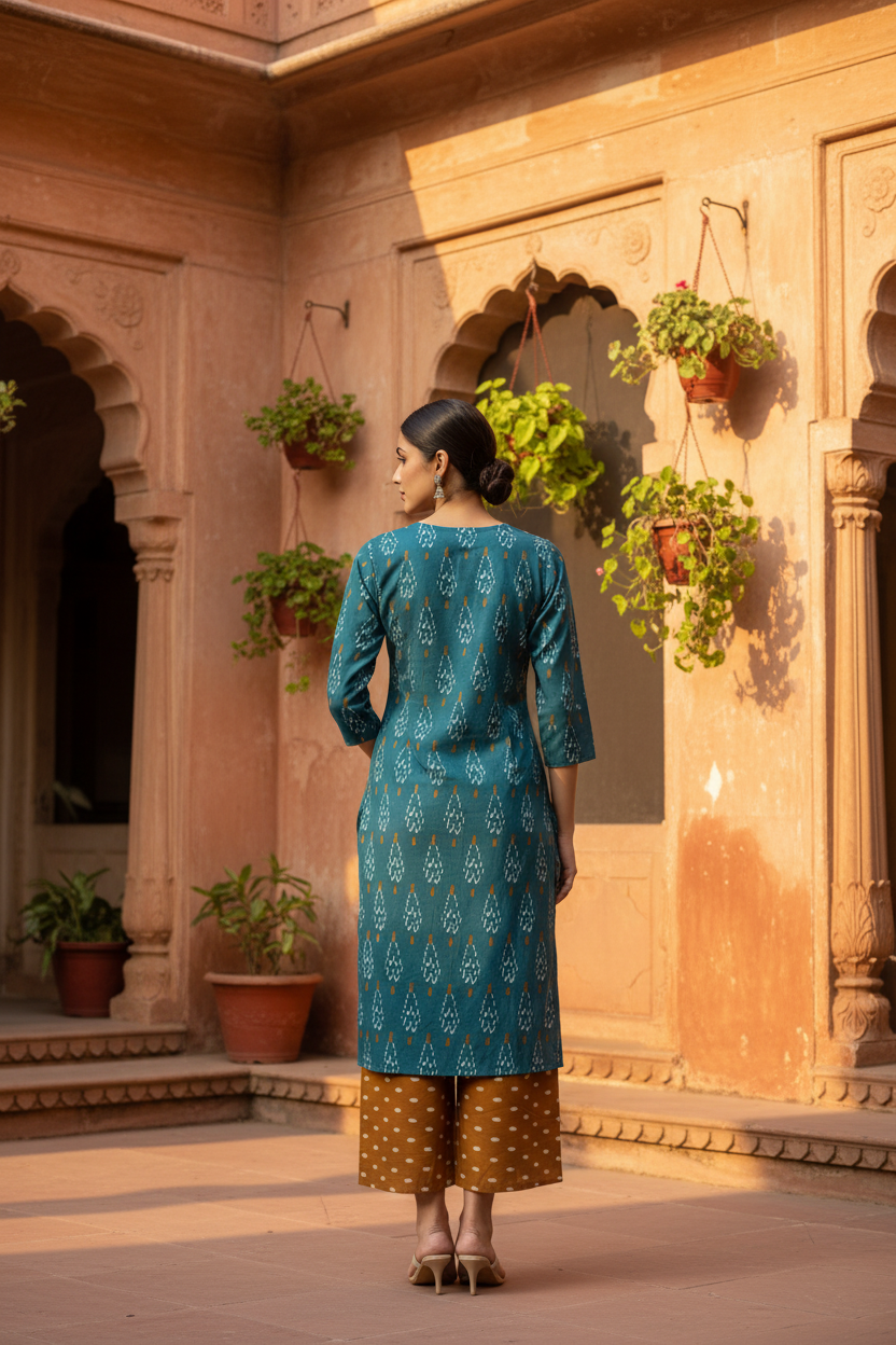 Teal Ikat Kurta — Back View