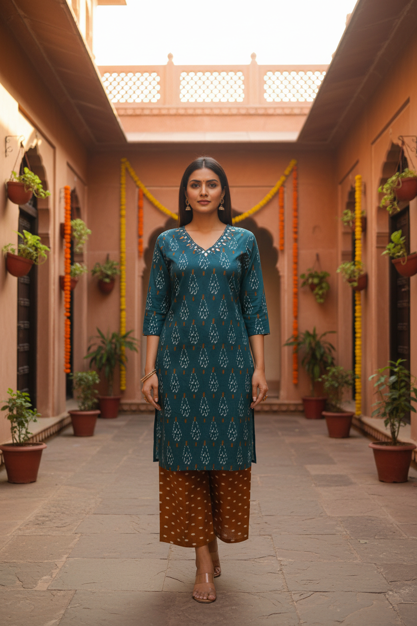 Teal Ikat Kurta — Heritage Haveli Courtyard