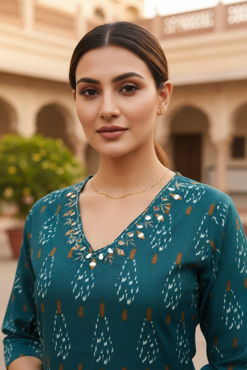 Teal Ikat Kurta — Mirror Work Neckline Close-up