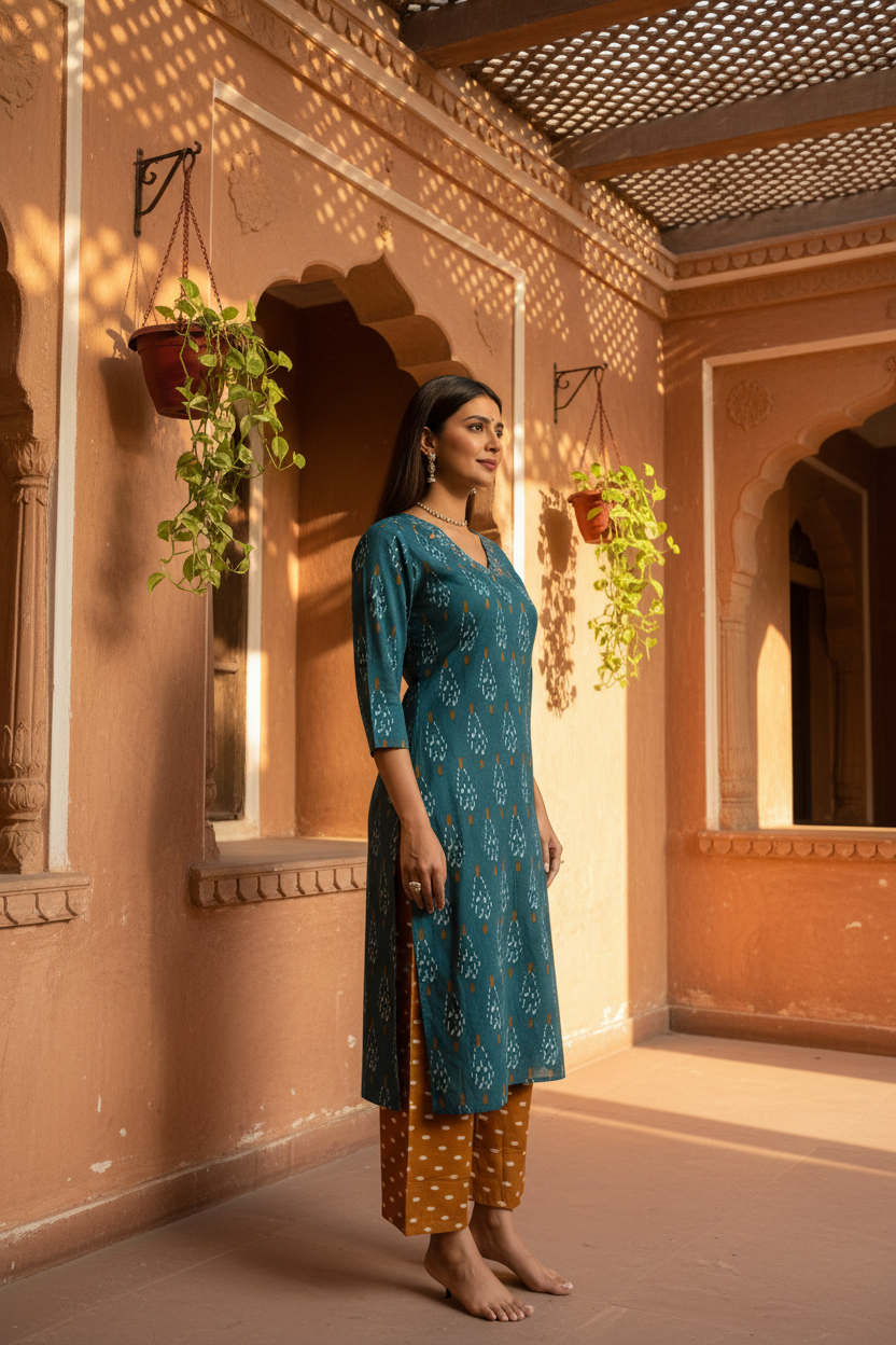 Teal Ikat Kurta — Side View