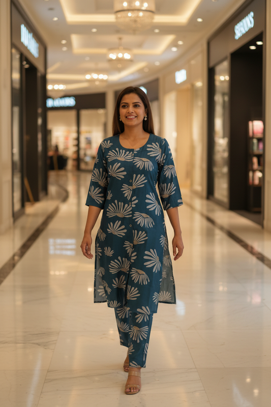 Peacock Teal Fan Bloom Straight Kurta Co-ord Set