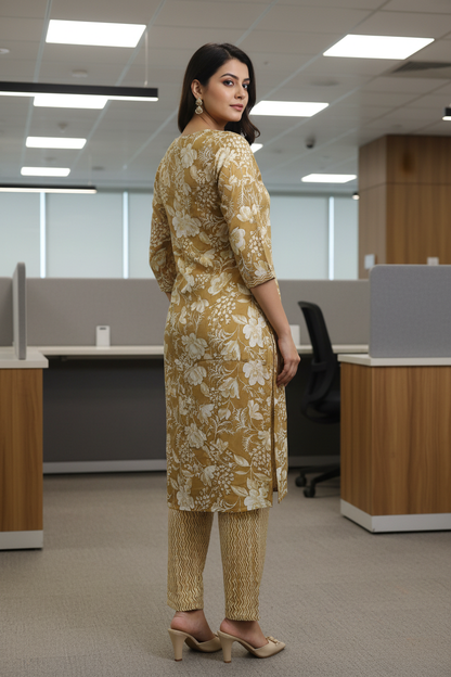 Women Mustard Floral Print Kurta Co-ord Set