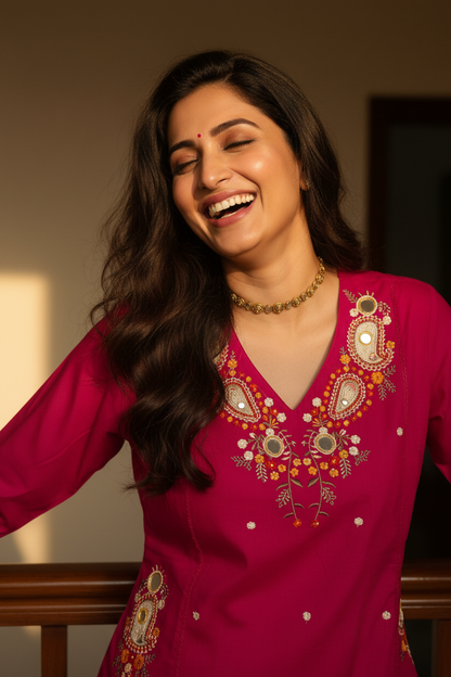 Women Rani Pink Embroidered Kurta Pant Dupatta Set