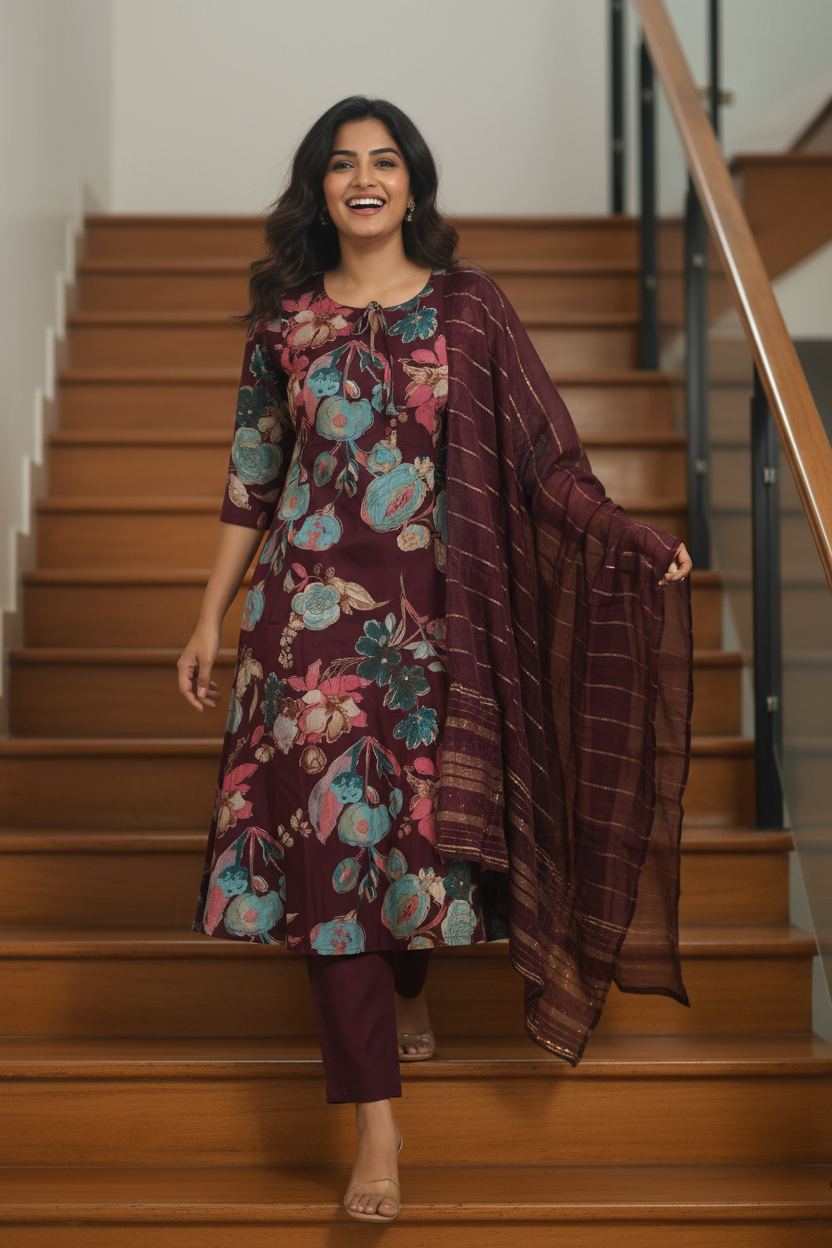 Women Floral Print A-Line Kurta Set with Dupatta
