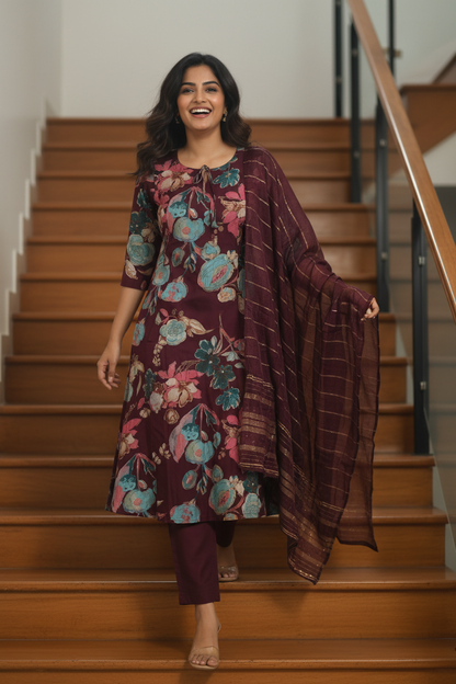 Women Floral Print A-Line Kurta Set with Dupatta
