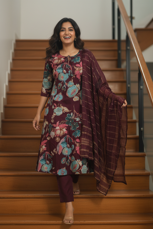 Women Floral Print A-Line Kurta Set with Dupatta