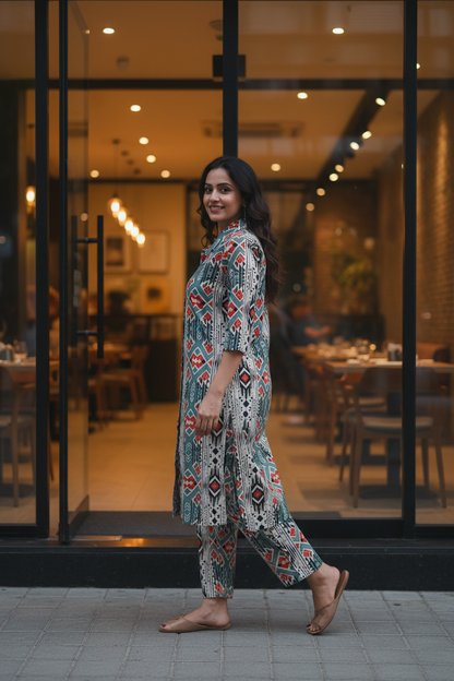 Women Geometric Ikat Print Collar Co-ord Set